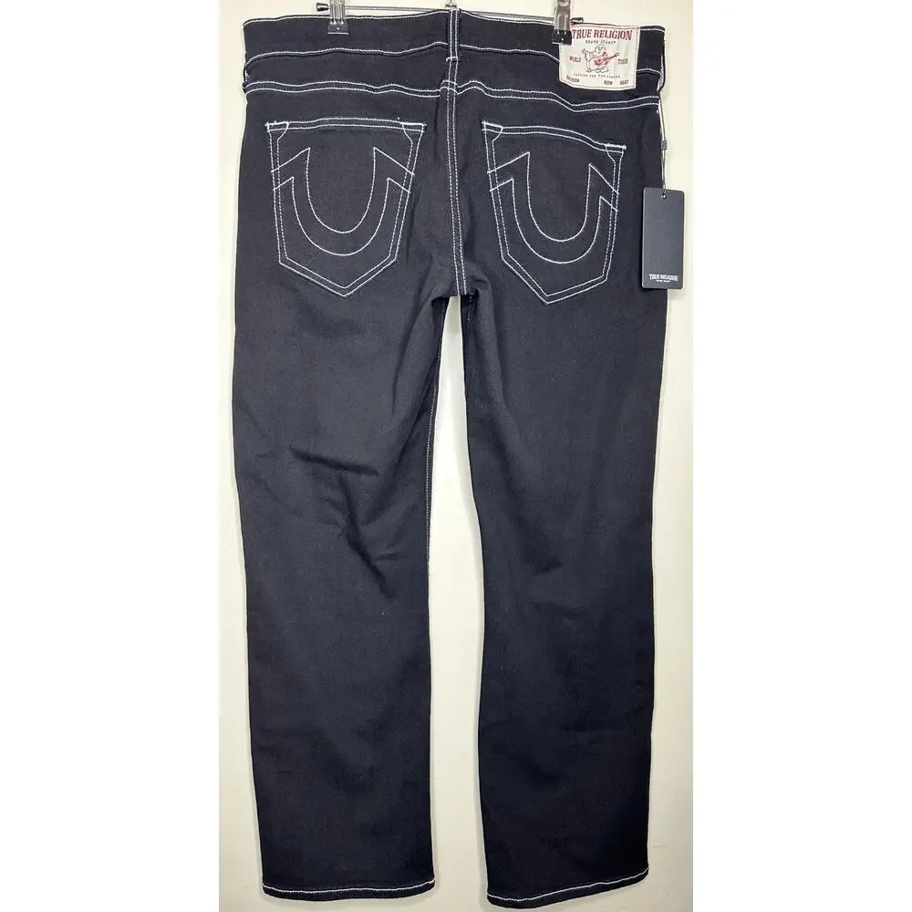 True Religion Ricky Relaxed Straight Jeans Black Denim Contrast Stitch 36x30 NWT